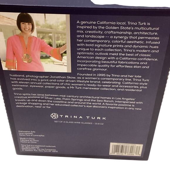 New in Box Trina Turk Clear Lucid 13.9 oz Dishwasher Safe Wine Glasses Set of 4 - Picture 5 of 5